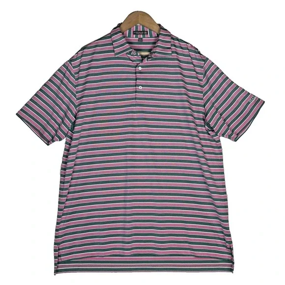 Peter Millar Polo Shirt L Summer Comfort Golf Striped Pink Green Make A Wish - Picture 2 of 8